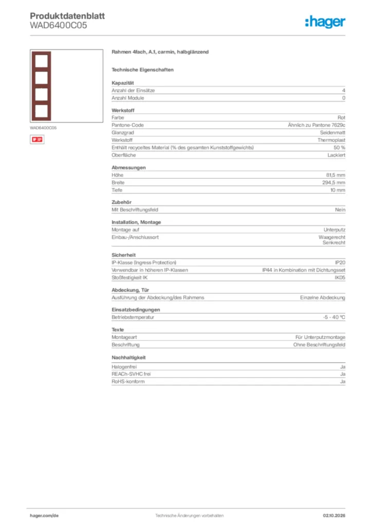 Bild Hager Produktdatenblatt WAD6400C05 | Hager Deutschland