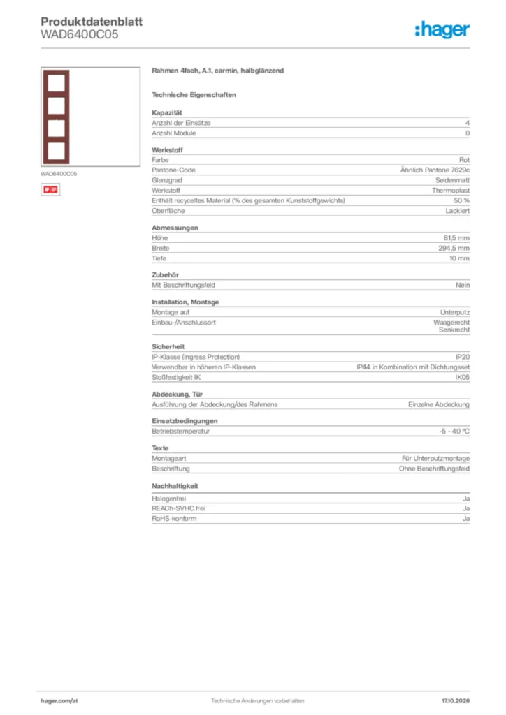 Bild Hager Produktdatenblatt WAD6400C05 | Hager Deutschland