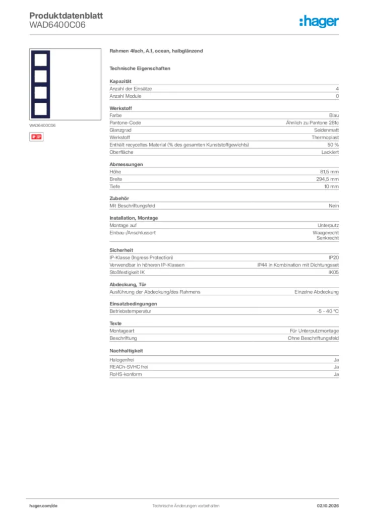 Bild Hager Produktdatenblatt WAD6400C06 | Hager Deutschland