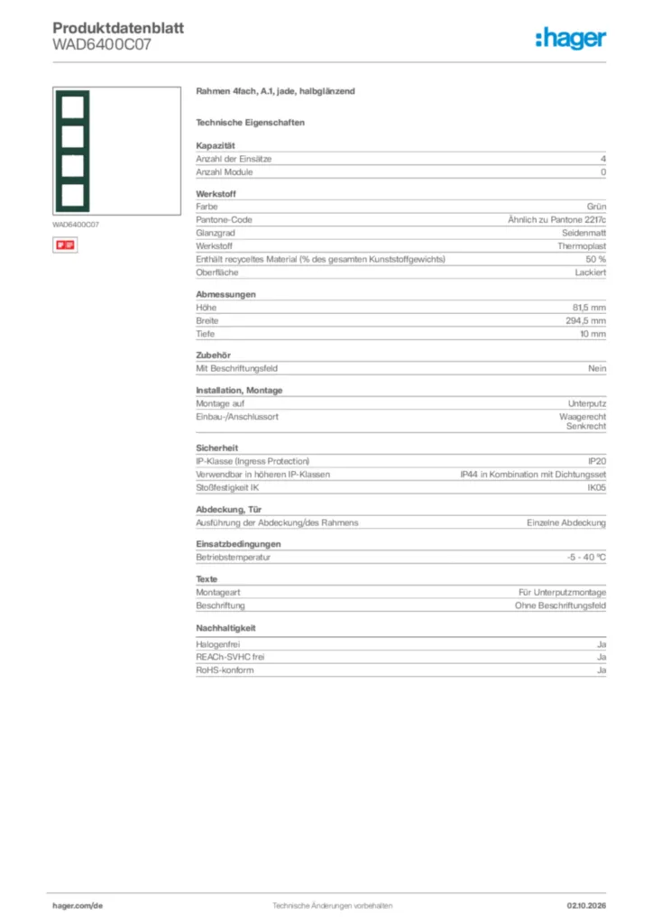 Bild Hager Produktdatenblatt WAD6400C07 | Hager Deutschland
