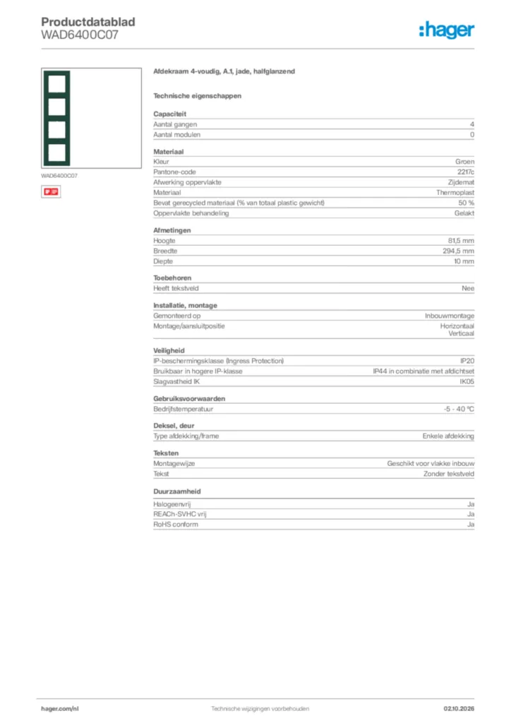 Afbeelding Hager Productdatablad WAD6400C07 | Hager Nederland