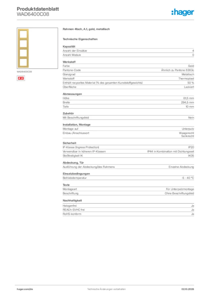 Bild Hager Produktdatenblatt WAD6400C08 | Hager Deutschland