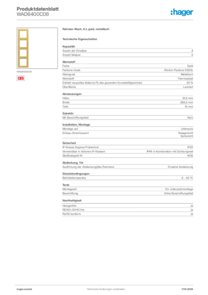 Bild Hager Produktdatenblatt WAD6400C08 | Hager Deutschland