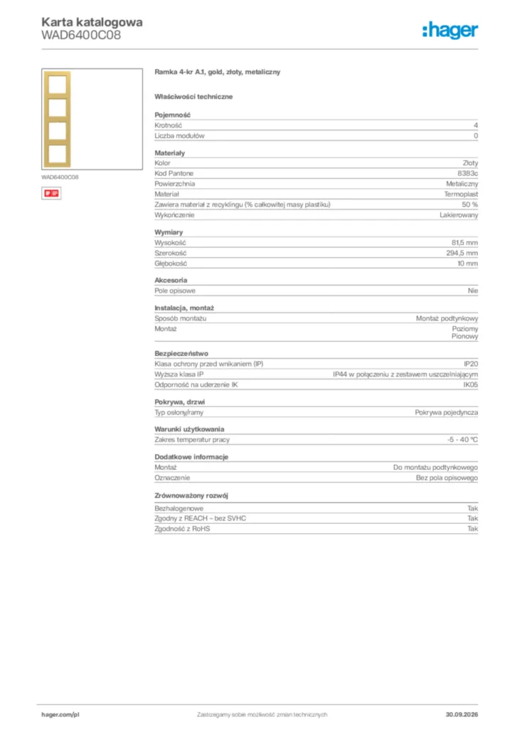 Zdjęcie Hager Karta katalogowa WAD6400C08 | Hager Polska