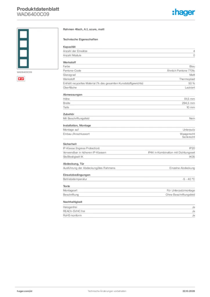 Bild Hager Produktdatenblatt WAD6400C09 | Hager Deutschland