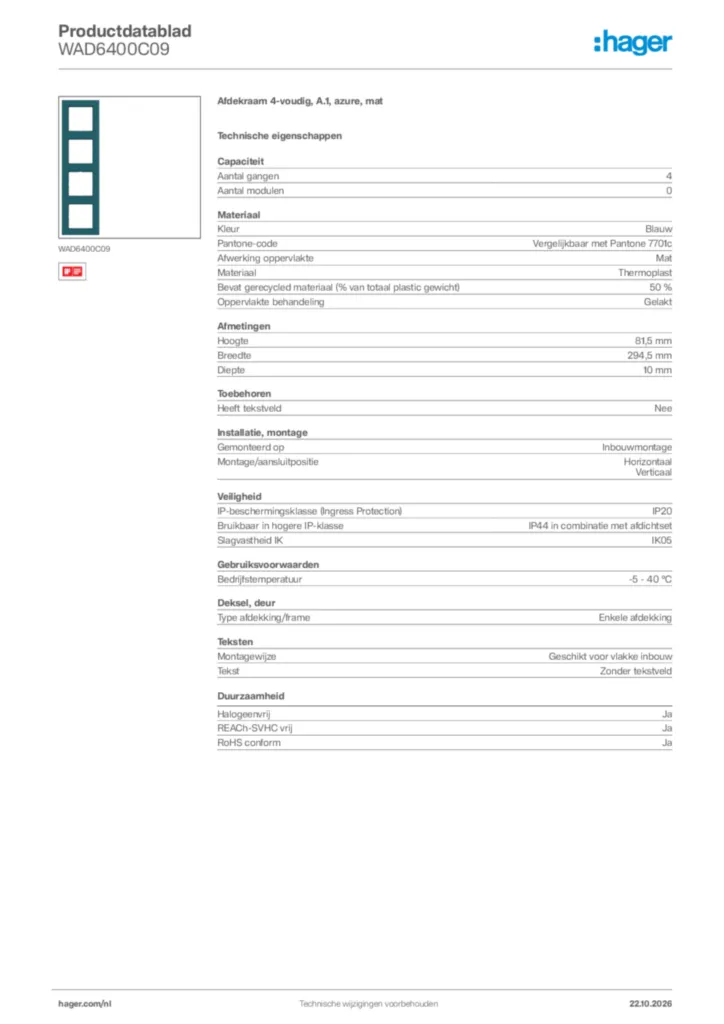 Afbeelding Hager Productdatablad WAD6400C09 | Hager Nederland