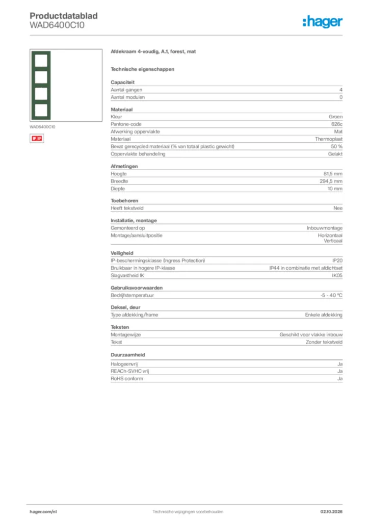 Afbeelding Hager Productdatablad WAD6400C10 | Hager Nederland