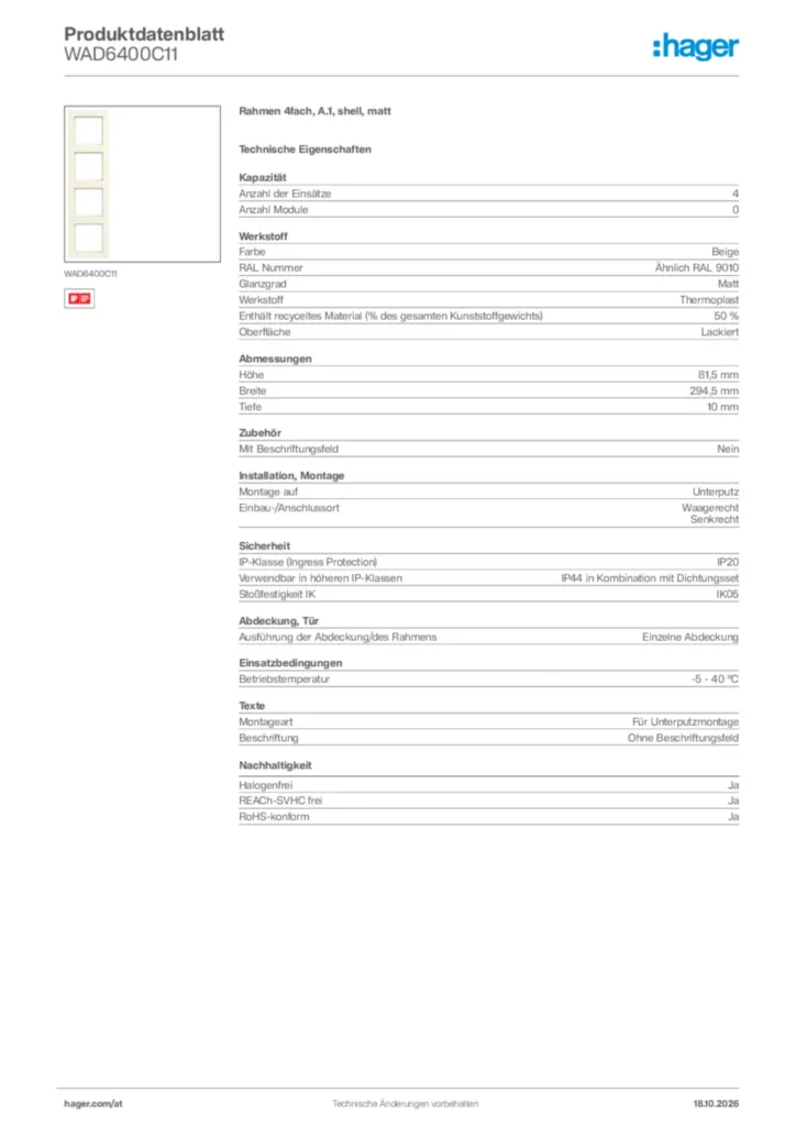 Bild Hager Produktdatenblatt WAD6400C11 | Hager Deutschland