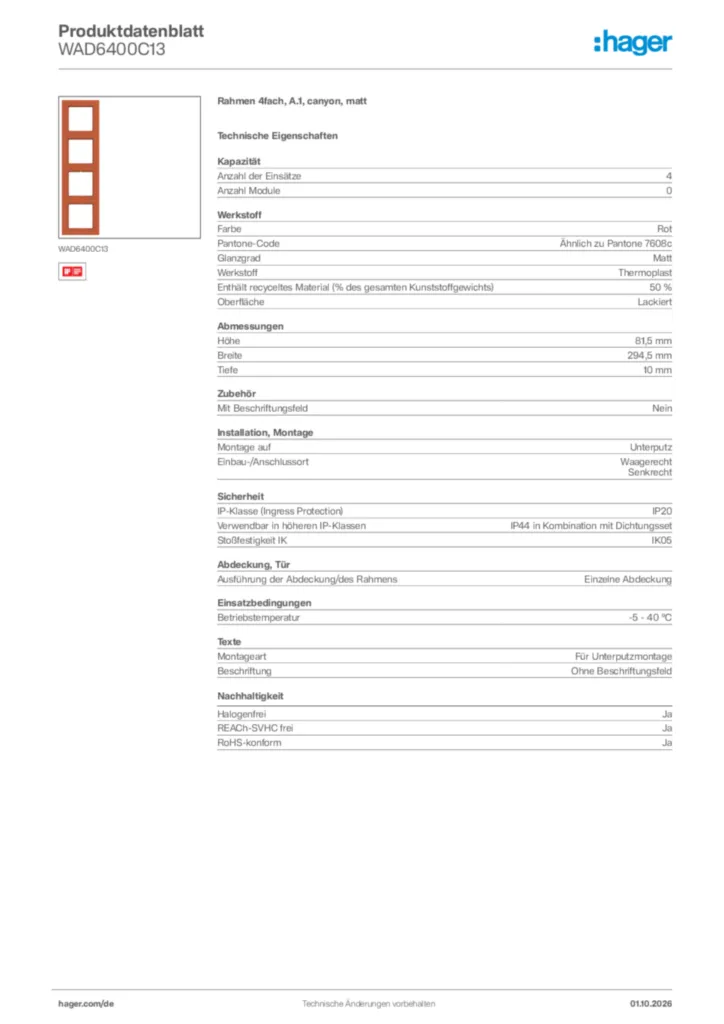 Bild Hager Produktdatenblatt WAD6400C13 | Hager Deutschland