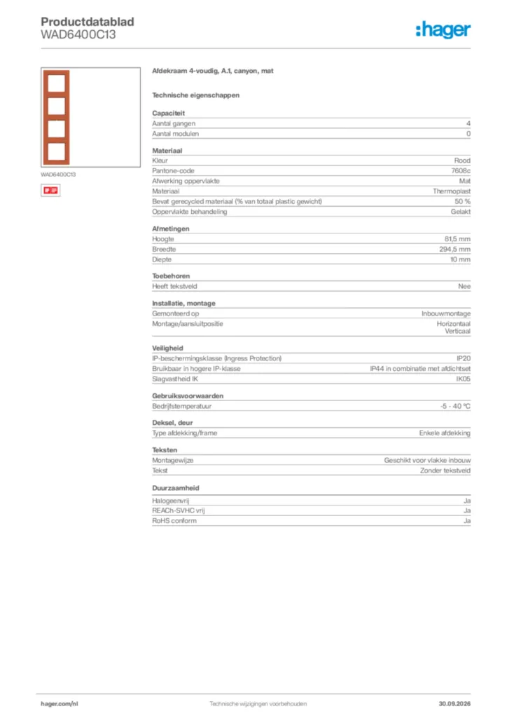 Afbeelding Hager Productdatablad WAD6400C13 | Hager Nederland