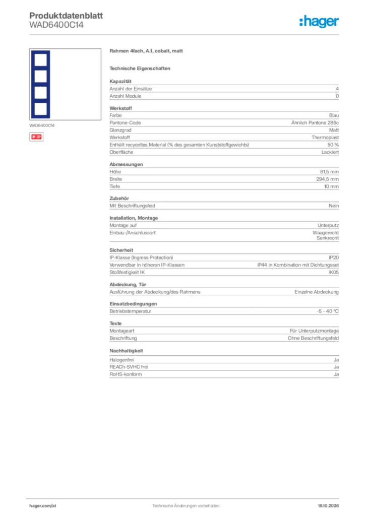 Bild Hager Produktdatenblatt WAD6400C14 | Hager Deutschland
