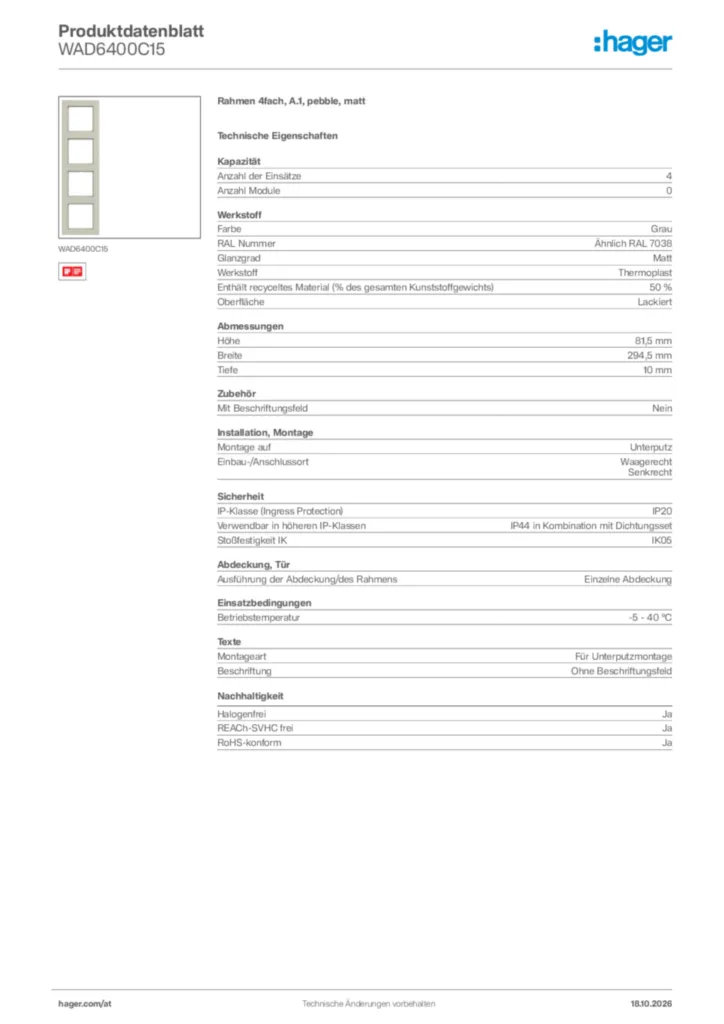 Bild Hager Produktdatenblatt WAD6400C15 | Hager Deutschland
