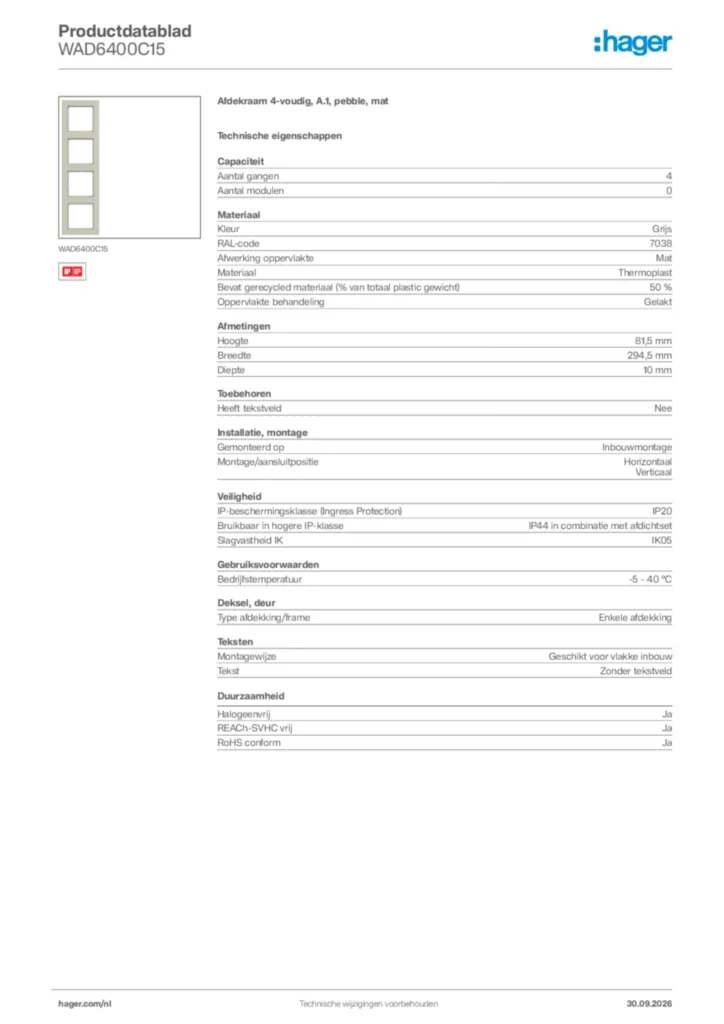 Afbeelding Hager Productdatablad WAD6400C15 | Hager Nederland