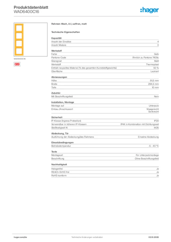 Bild Hager Produktdatenblatt WAD6400C16 | Hager Deutschland