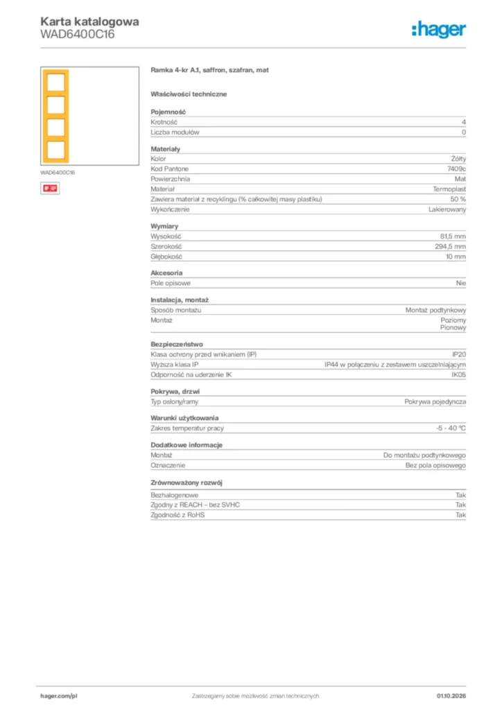 Zdjęcie Hager Karta katalogowa WAD6400C16 | Hager Polska