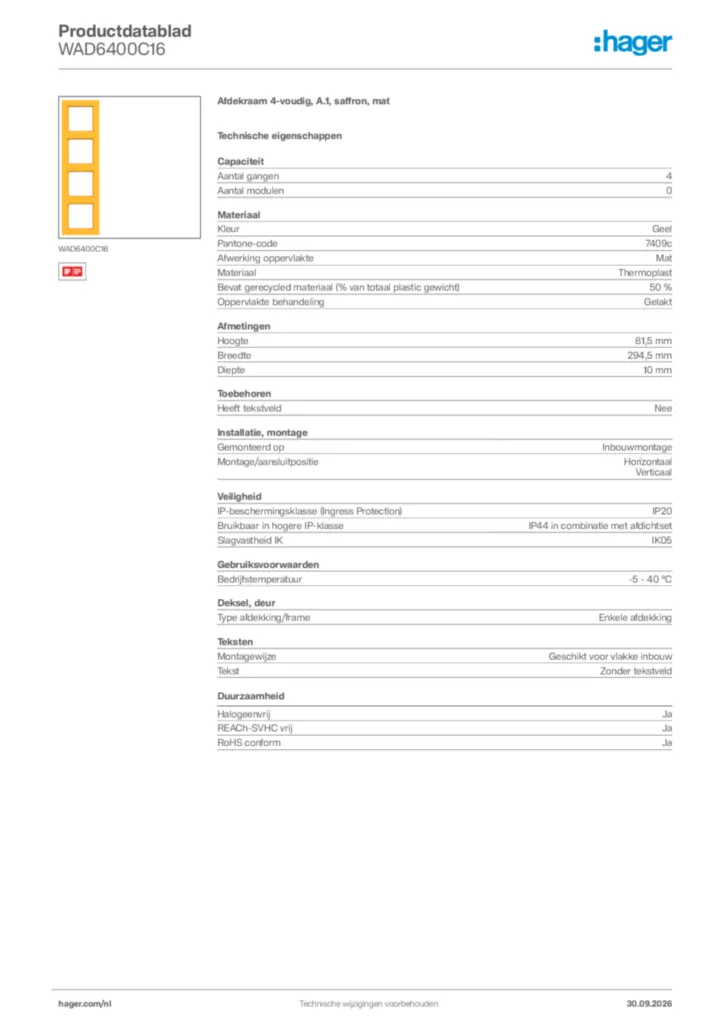 Afbeelding Hager Productdatablad WAD6400C16 | Hager Nederland