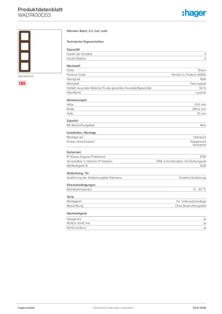 Bild Hager Produktdatenblatt WAD7400C03 | Hager Deutschland