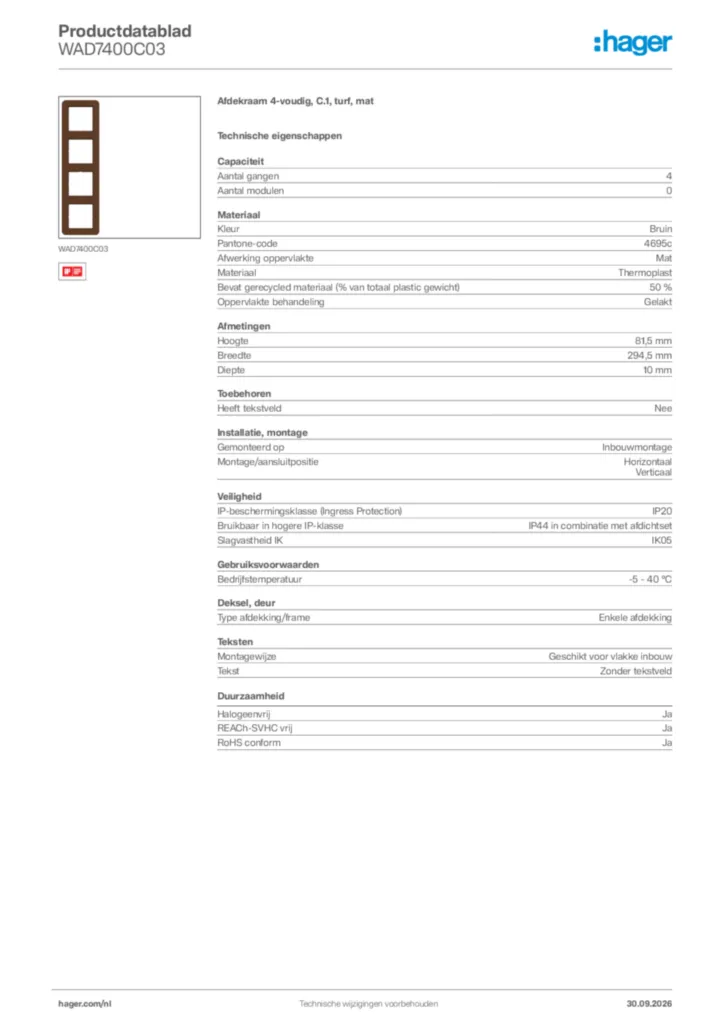 Afbeelding Hager Productdatablad WAD7400C03 | Hager Nederland