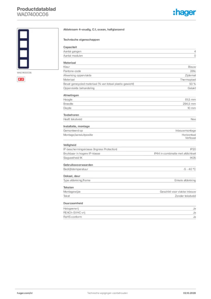 Afbeelding Hager Productdatablad WAD7400C06 | Hager Nederland