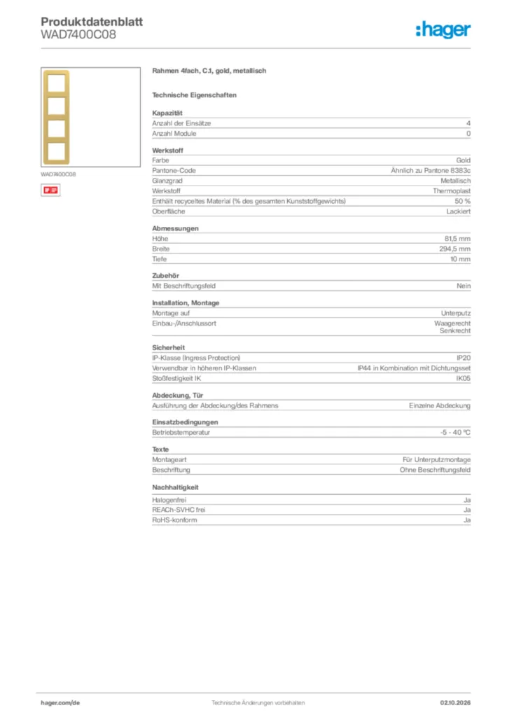 Bild Hager Produktdatenblatt WAD7400C08 | Hager Deutschland
