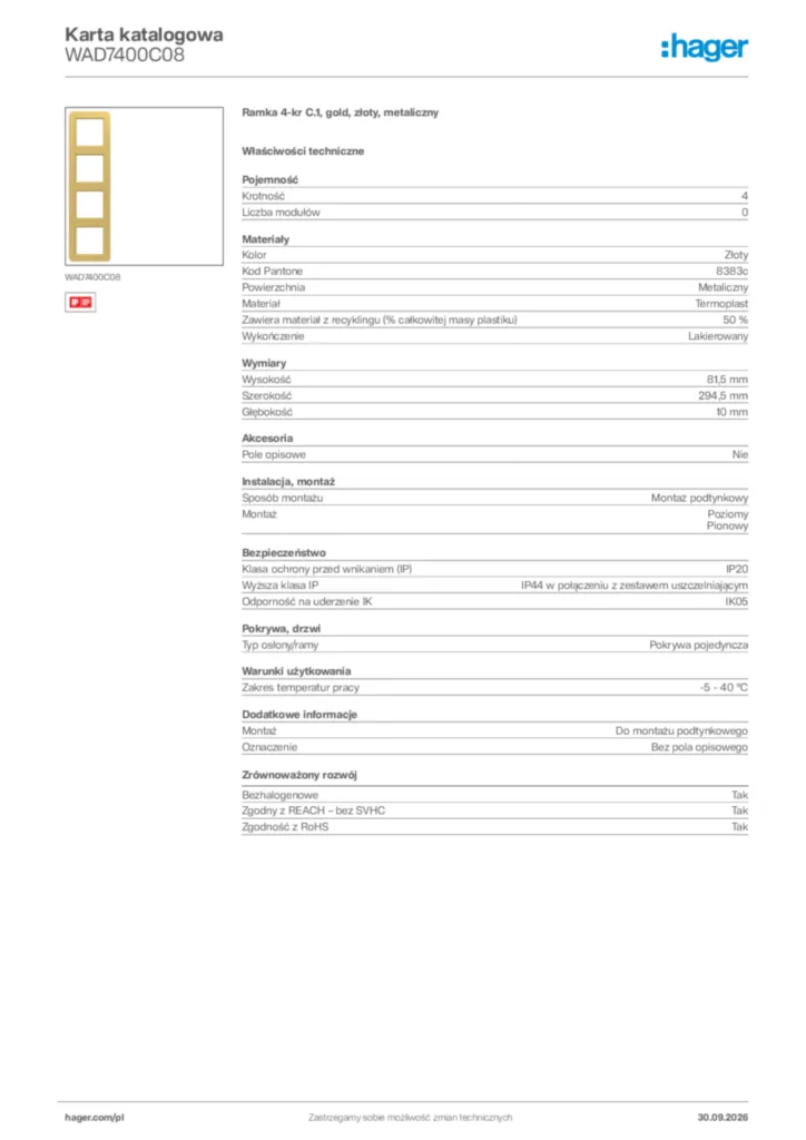 Zdjęcie Hager Karta katalogowa WAD7400C08 | Hager Polska