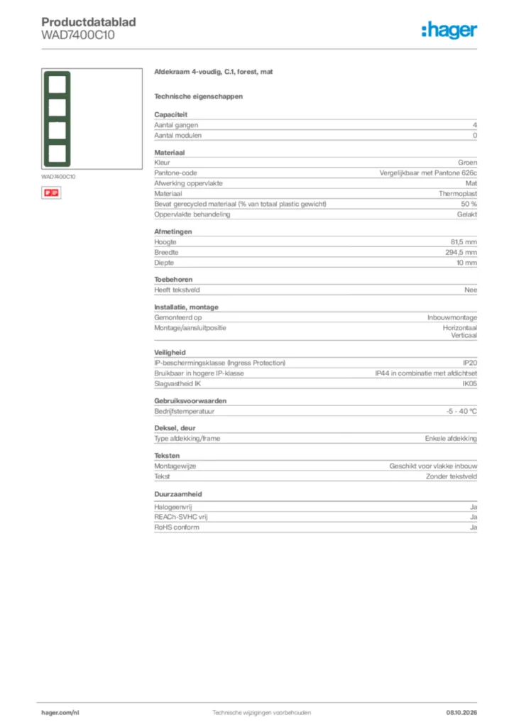 Afbeelding Hager Productdatablad WAD7400C10 | Hager Nederland