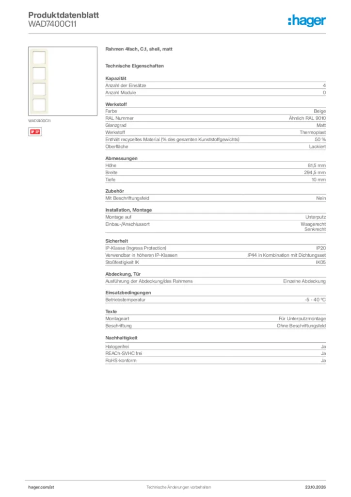 Bild Hager Produktdatenblatt WAD7400C11 | Hager Deutschland
