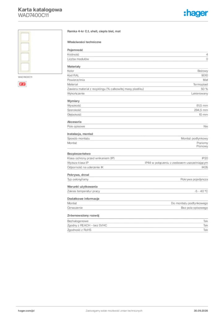 Zdjęcie Hager Karta katalogowa WAD7400C11 | Hager Polska