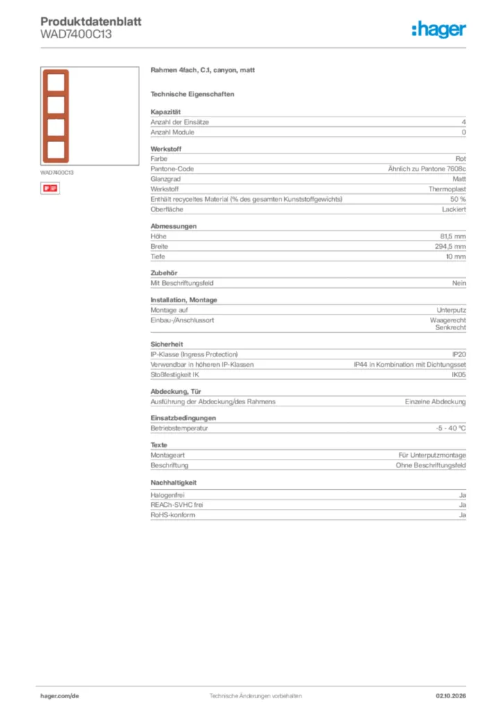 Bild Hager Produktdatenblatt WAD7400C13 | Hager Deutschland