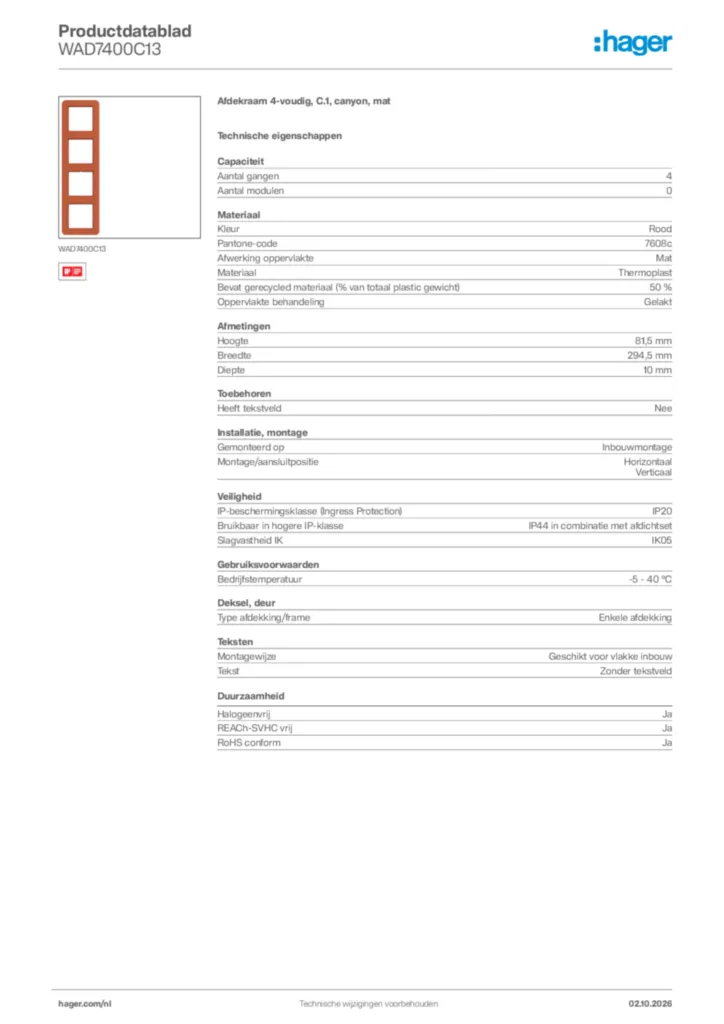Afbeelding Hager Productdatablad WAD7400C13 | Hager Nederland