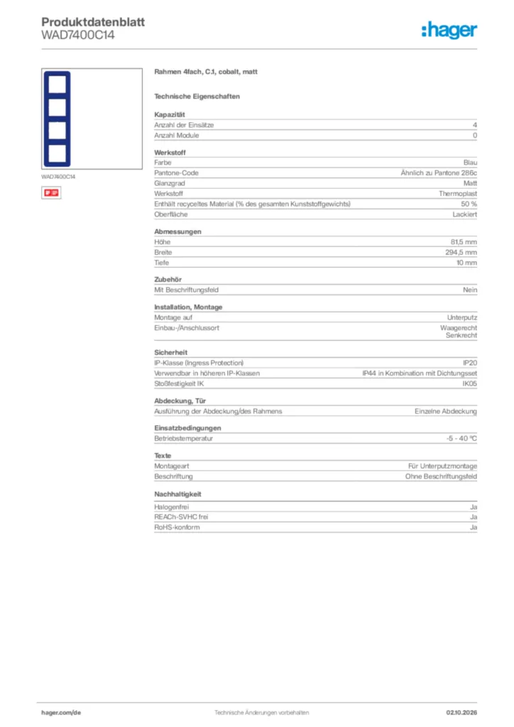 Bild Hager Produktdatenblatt WAD7400C14 | Hager Deutschland