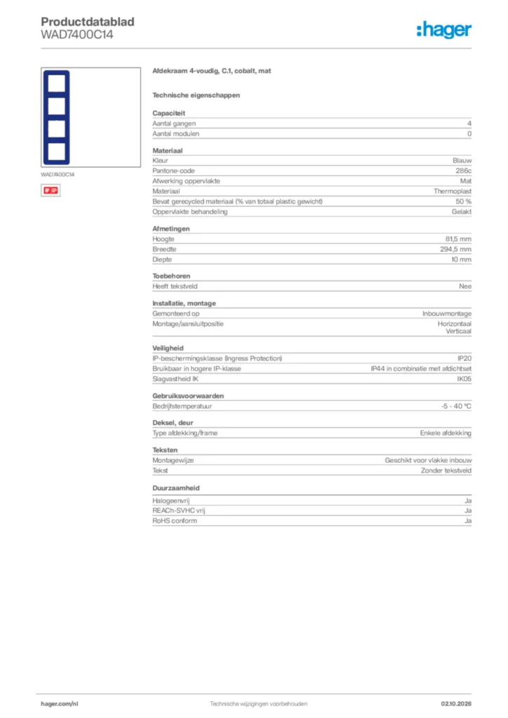 Afbeelding Hager Productdatablad WAD7400C14 | Hager Nederland