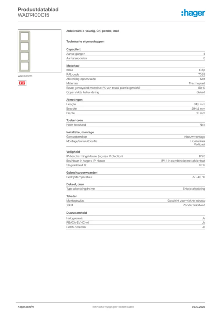Afbeelding Hager Productdatablad WAD7400C15 | Hager Nederland