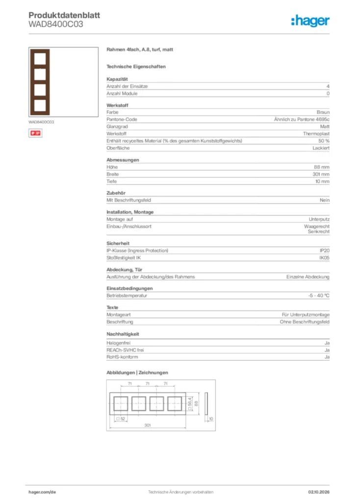 Bild Hager Produktdatenblatt WAD8400C03 | Hager Deutschland