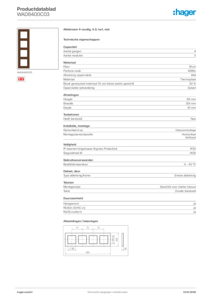 Afbeelding Hager Productdatablad WAD8400C03 | Hager Nederland