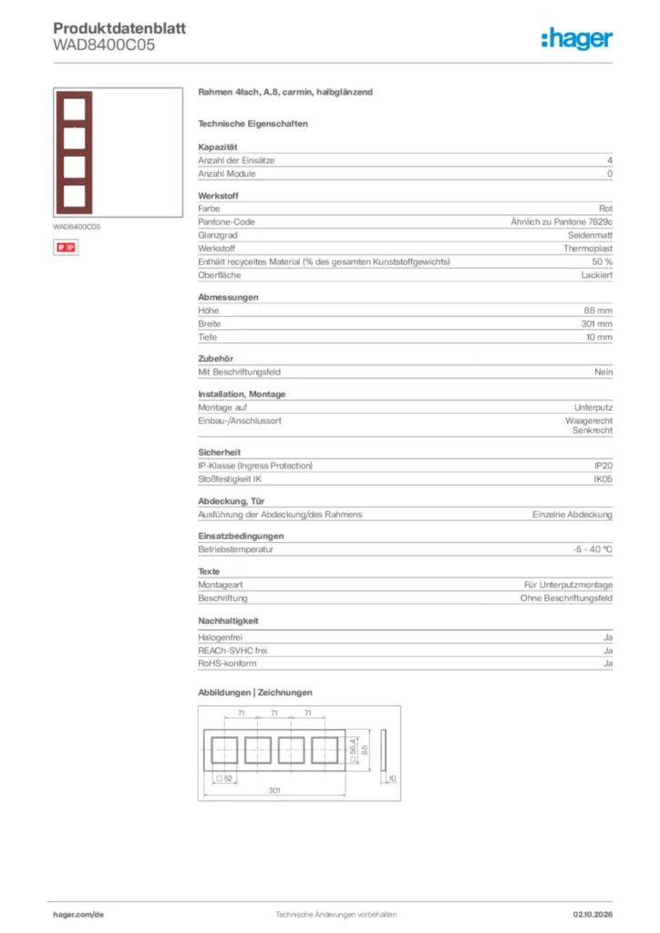 Bild Hager Produktdatenblatt WAD8400C05 | Hager Deutschland