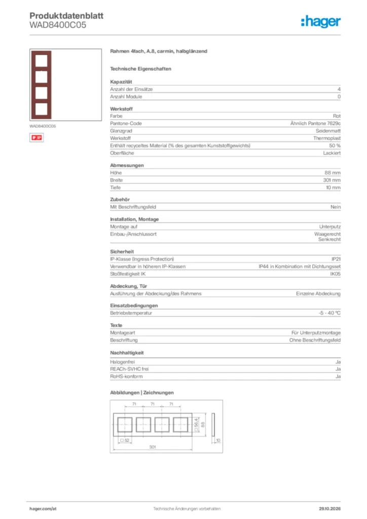 Bild Hager Produktdatenblatt WAD8400C05 | Hager Deutschland