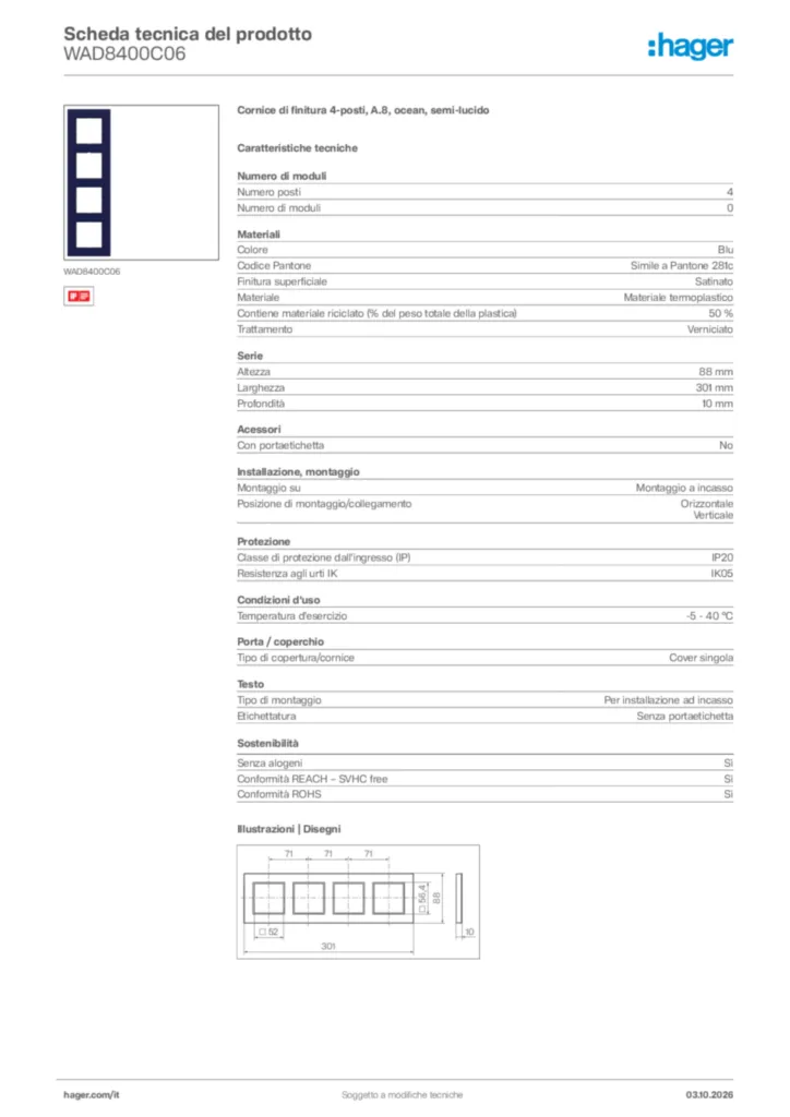 Immagine Hager Scheda tecnica del prodotto WAD8400C06 | Hager Italia