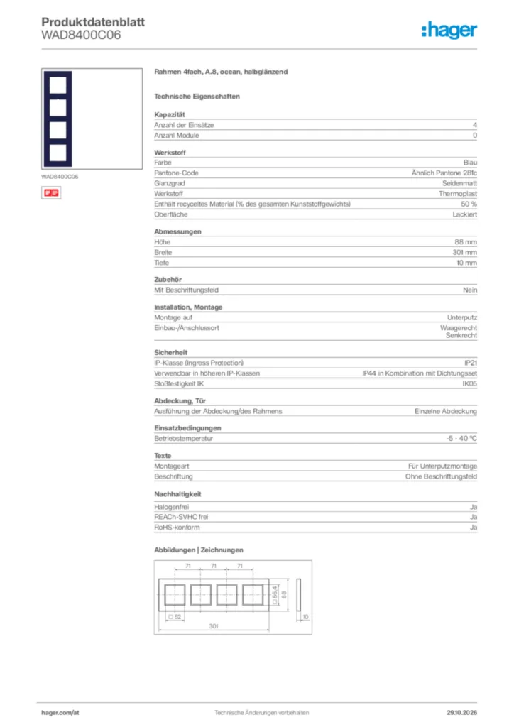 Bild Hager Produktdatenblatt WAD8400C06 | Hager Deutschland