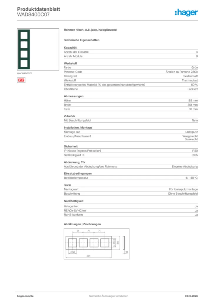 Bild Hager Produktdatenblatt WAD8400C07 | Hager Deutschland