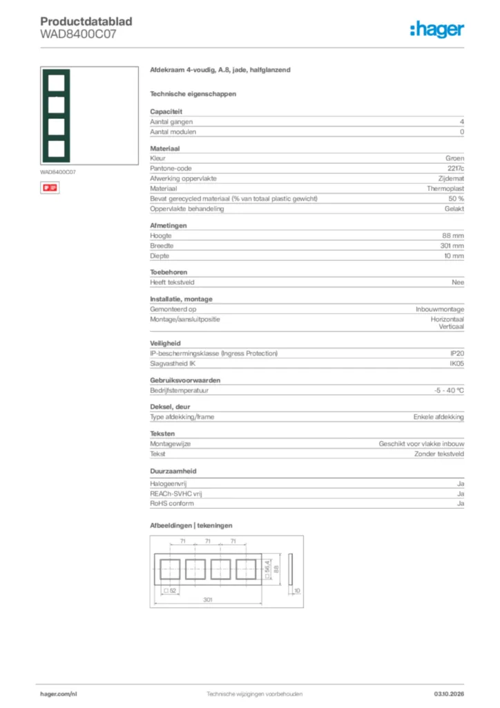 Afbeelding Hager Productdatablad WAD8400C07 | Hager Nederland