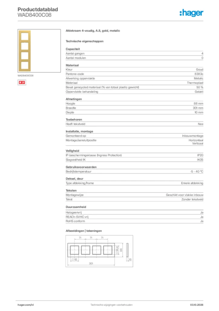 Afbeelding Hager Productdatablad WAD8400C08 | Hager Nederland