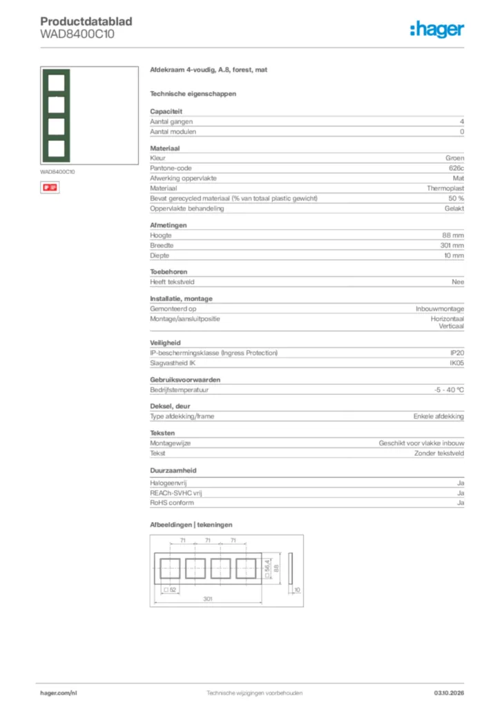 Afbeelding Hager Productdatablad WAD8400C10 | Hager Nederland