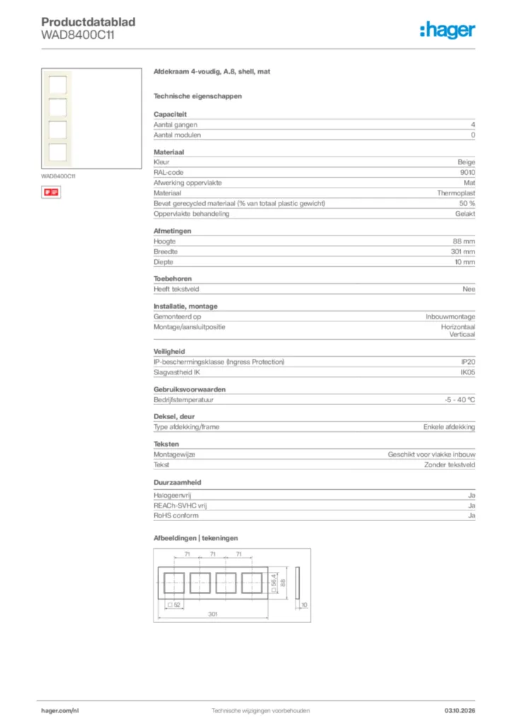 Afbeelding Hager Productdatablad WAD8400C11 | Hager Nederland