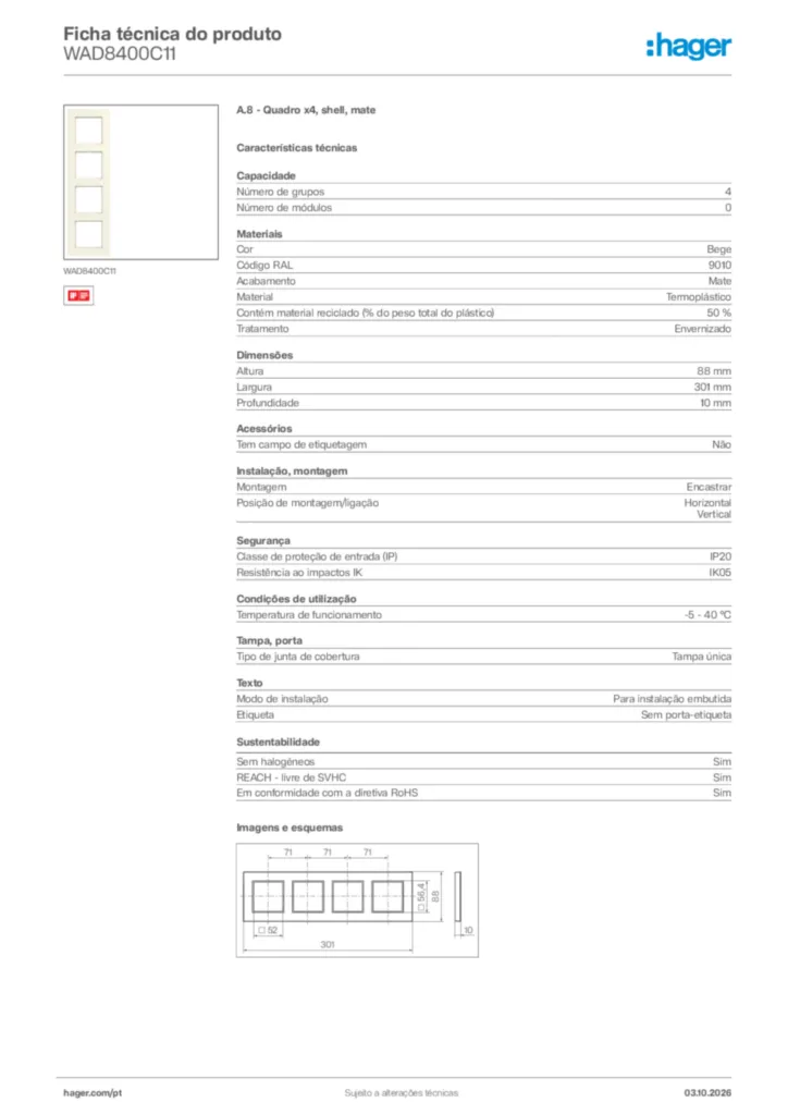 Imagem Hager Ficha técnica do produto WAD8400C11 | Hager Portugal