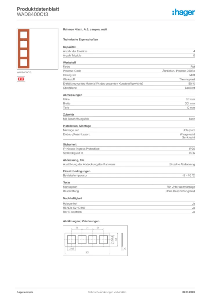 Bild Hager Produktdatenblatt WAD8400C13 | Hager Deutschland