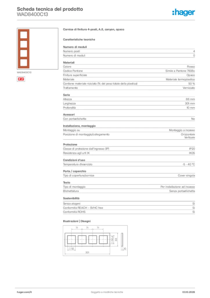 Immagine Hager Scheda tecnica del prodotto WAD8400C13 | Hager Italia