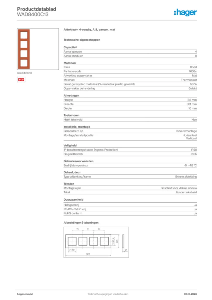 Afbeelding Hager Productdatablad WAD8400C13 | Hager Nederland