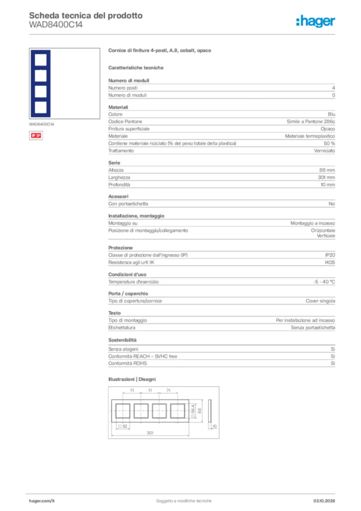 Immagine Hager Scheda tecnica del prodotto WAD8400C14 | Hager Italia