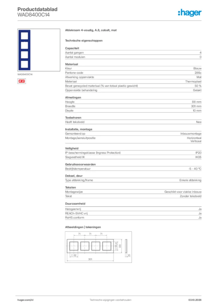 Afbeelding Hager Productdatablad WAD8400C14 | Hager Nederland